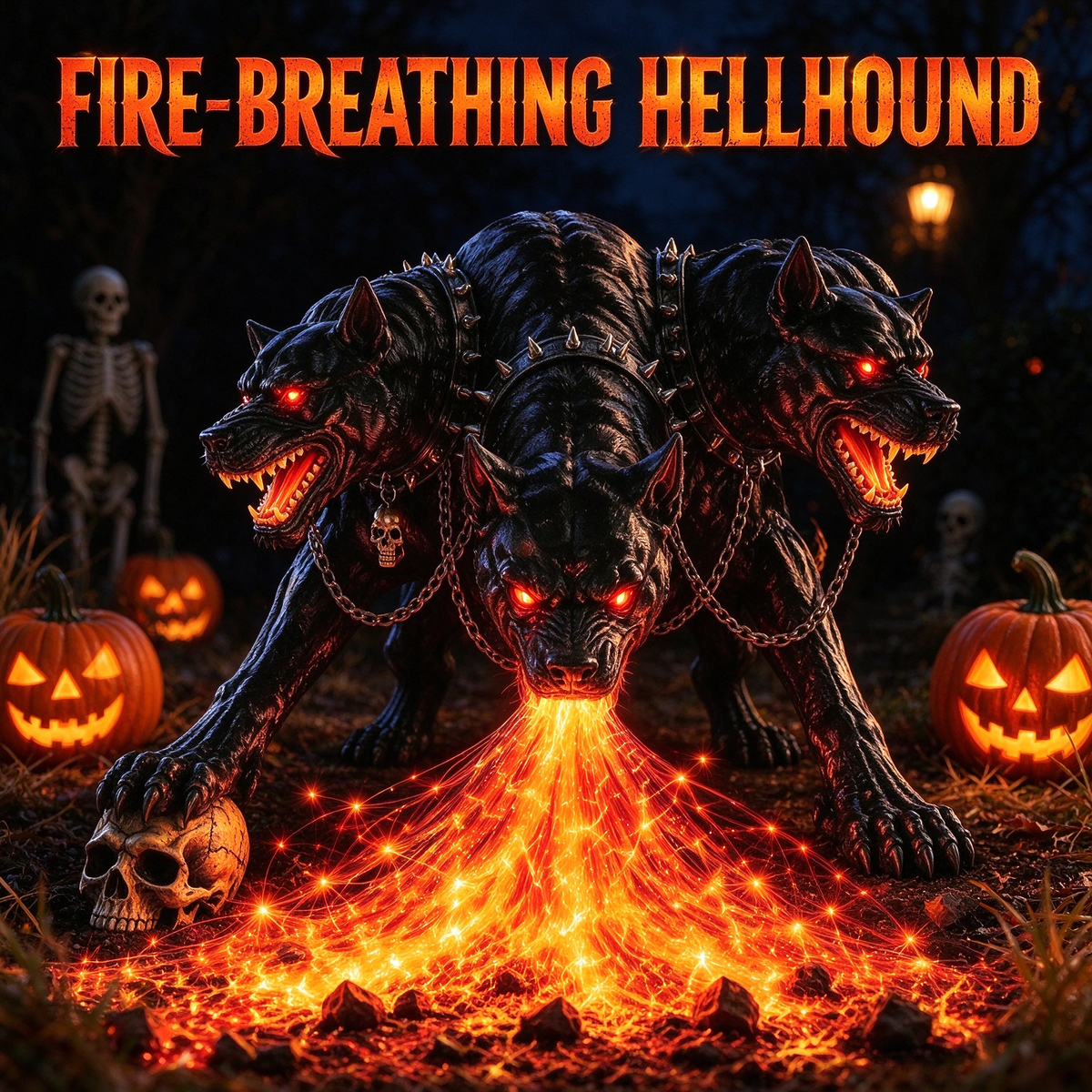 Fire-Breathing Hellhound Solar Garden Light, Halloween Cerberus Statue Yard Decor