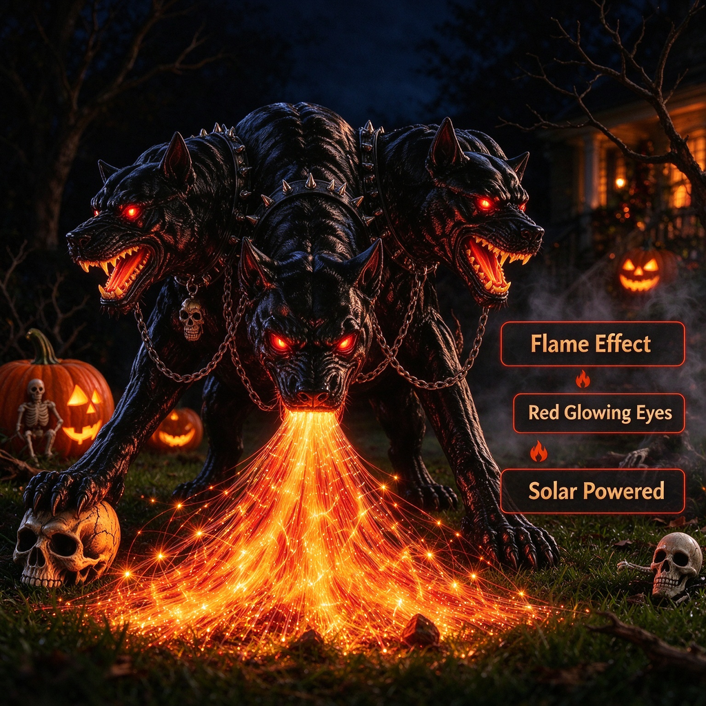 Fire-Breathing Hellhound Solar Garden Light, Halloween Cerberus Statue Yard Decor