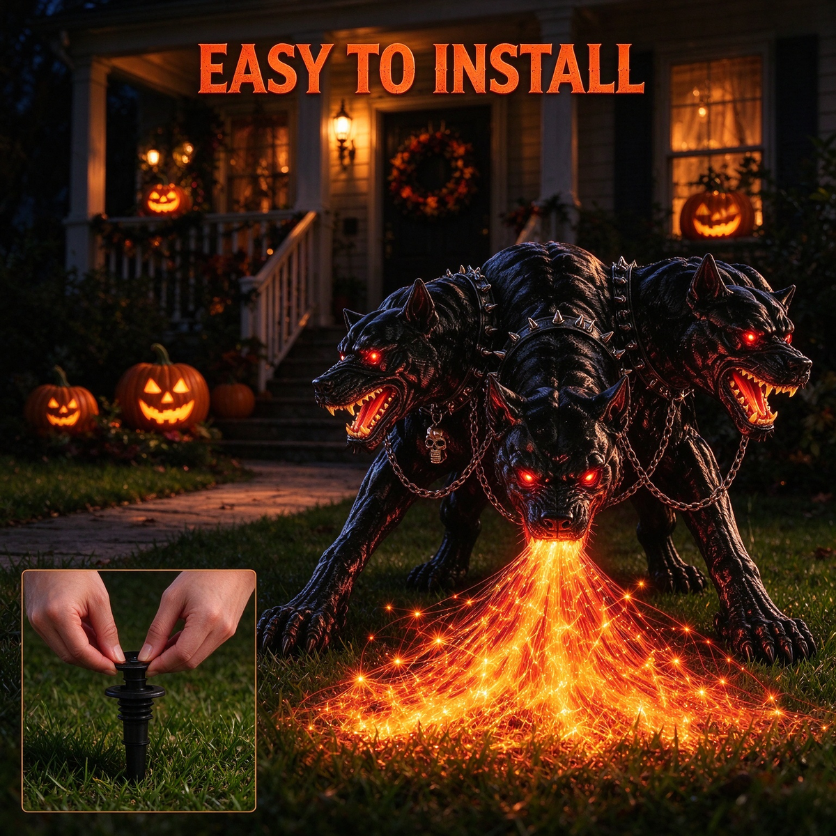 Fire-Breathing Hellhound Solar Garden Light, Halloween Cerberus Statue Yard Decor