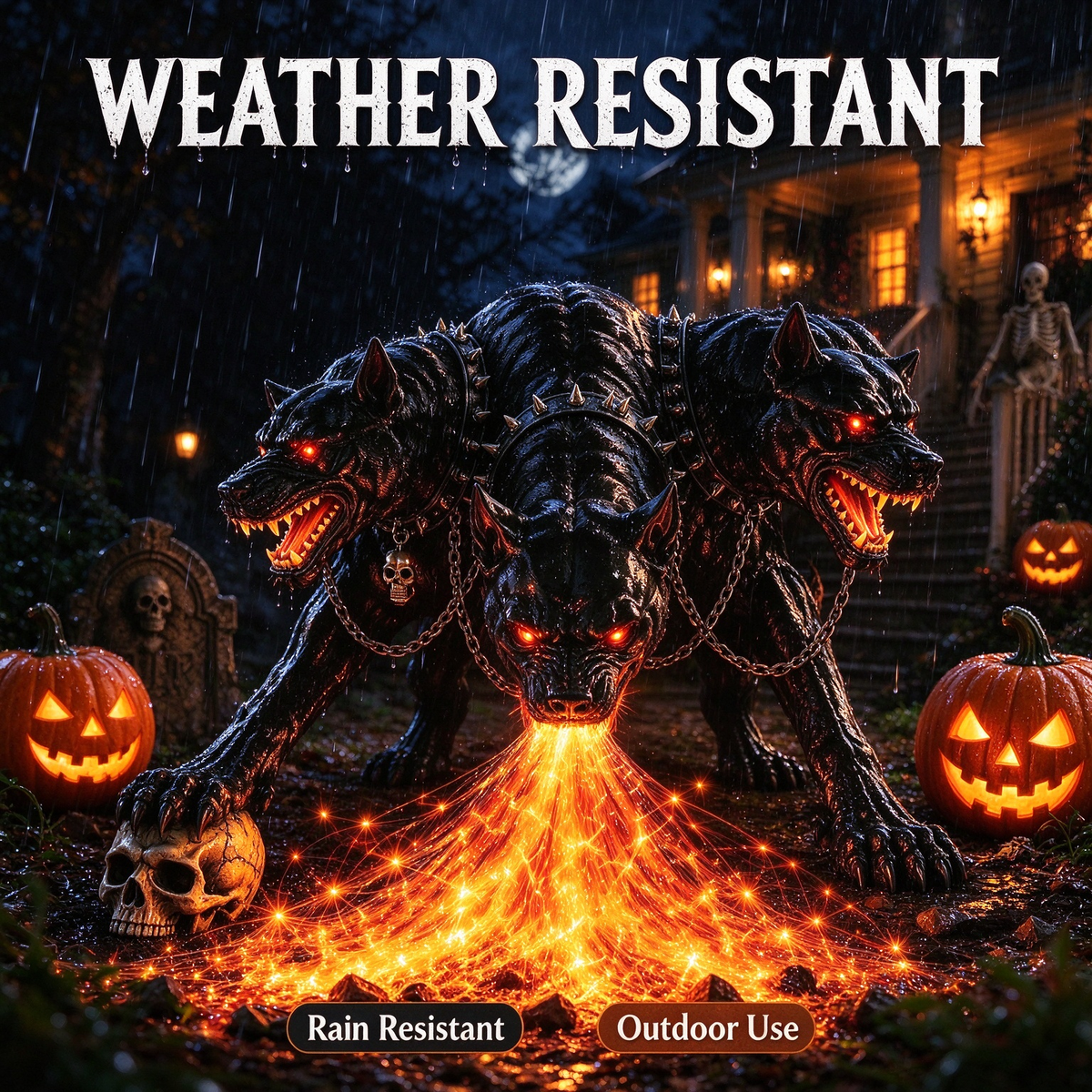 Fire-Breathing Hellhound Solar Garden Light, Halloween Cerberus Statue Yard Decor